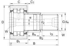 螺栓型滾輪 PWKRE62-2RS, 軸向引導(dǎo)，滿裝圓柱滾子，帶偏心擋圈，兩側(cè)唇密封