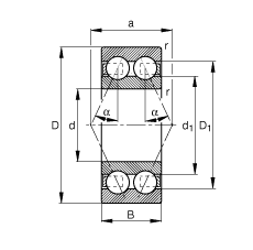 角接觸球軸承 3004-B-TVH, 雙列，接觸角 α = 25°