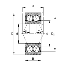 角接觸球軸承 3004-B-2Z-TVH, 雙列，雙側(cè)間隙密封，接觸角 α = 25°