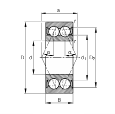 角接觸球軸承 3004-B-2RSR-TVH, 雙列，雙側(cè)唇密封，接觸角 α = 25°