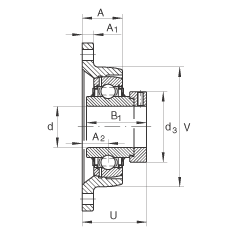 軸承座單元 LCJT45, 帶兩個螺栓孔的法蘭的軸承座單元，鑄鐵， 偏心鎖圈， L型密封，適合溫度從 -40°C 到 +180°C